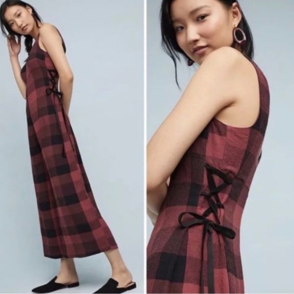 Anthropologie Red and Black Plaid Lace up Jumpsuit